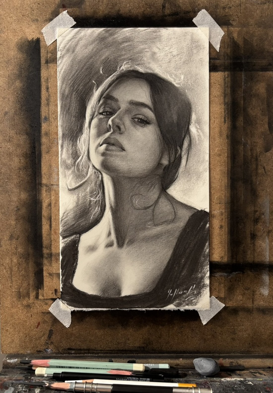 Portret în cărbune — Cărbune pe hârtie de acuarelă, Iulian Cetanas
